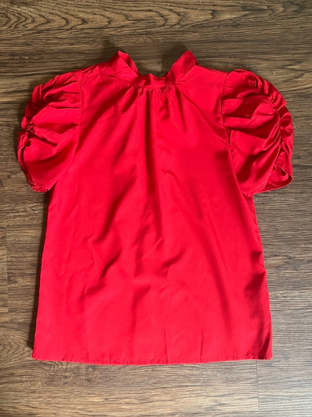 SHEIN Clasi Red Stand Collar Puff Sleeve Blouse • Professional Work Top